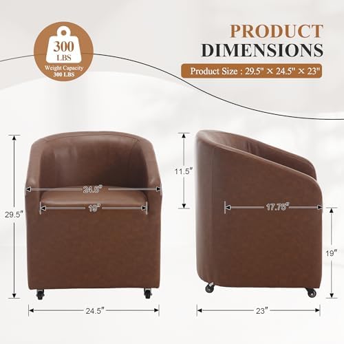 CIMOTA Brown PU Leather Barrel Dining Chairs with Wheels, Set of 6 — Modern U...