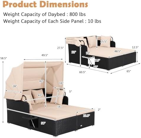 Moccha Outdoor Daybed with Retractable Canopy, Wicker Cabana with 2 Side Tabl...