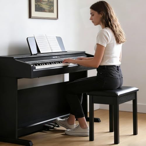 Sanpuli Solid Wood Piano Bench with Storage, Piano Stool and Padded Cushion, ...