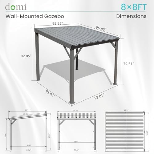 Domi 8' x 8' Lean to Gazebo Outdoor Wall Mounted Gazebo Pergola, Grey