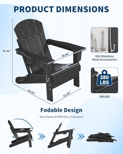 HDPE Folding Adirondack Chair Set of 2 with Side Table, Black