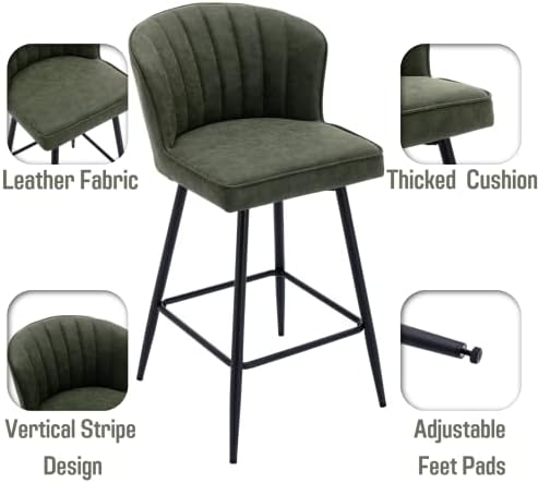 Green Leather Bar Stools Set of 2 Mid Century Modern Counter Stools 26 Inch C...