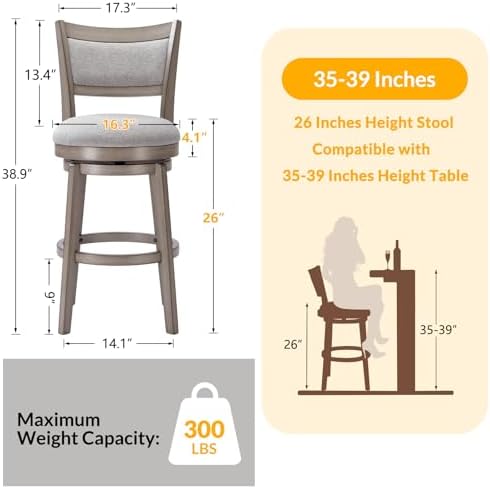 PrimeZone Swivel Bar Stools Set of 2, 26" Counter Height Barstools