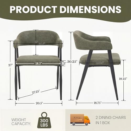 HNY Modern Dining Room Arm Chairs Set of 2, Green Retro Faux Leather Upholste...