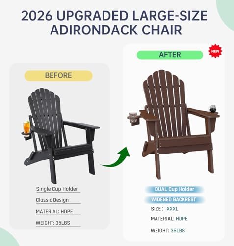 Plawdlik Outdoor HDPE Folding Adirondack Chair Set of 4, High Back Wide Seat ...