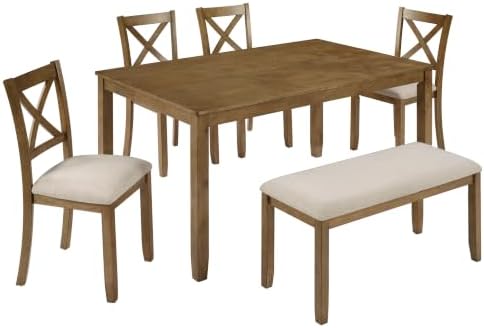 Merax 6-Piece Wood Kitchen Dining Table Set, 58.5" Rectangular Table wit...