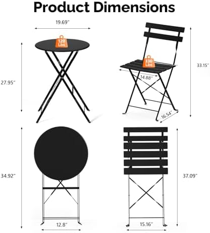 VINGLI Outdoor Folding Bistro Table and Chairs Set of 2, 3-Piece Bistro Set w...