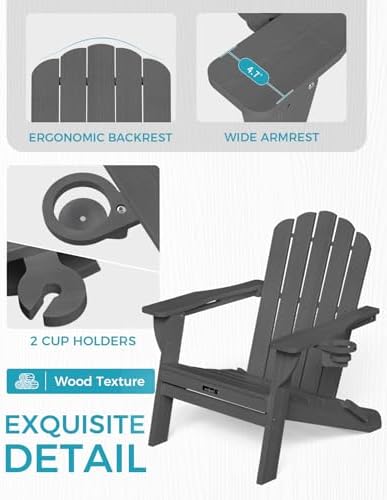 Folding Adirondack Chair, All-Weather HDPE Plastic Patio Chair with 2 Cup Hol...