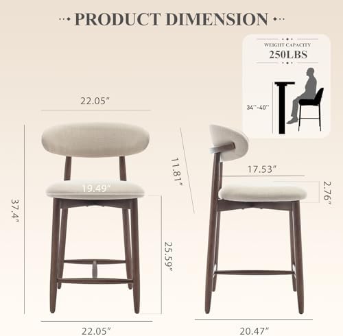COLAMY Counter Height Bar Stools Set of 2, Kitchen Bar Stools with Back, Mid ...