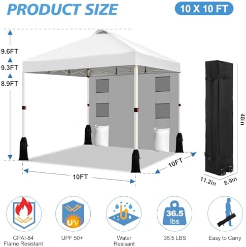 WEIZE 10x10 Pop Up Canopy Tent, 1-Button Push Setup Canopy Tent with 1 Sidewa...