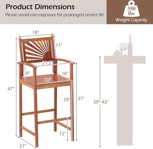 COSTWAY 29'' Outdoor Acacia Wood Bar Chairs Set of 2 with Back and Ar...