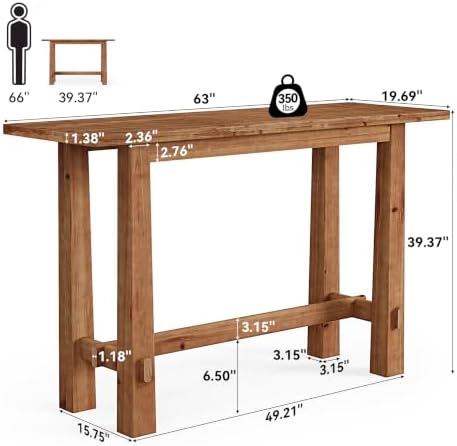 Solid Wood Bar Table, 63-Inch Farmhouse Bar Height Pub Table for Kitchen Dini...
