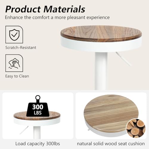 Kidol & Shellder Bar Stools Set of 2 White Round Adjustable Swivel Barsto...