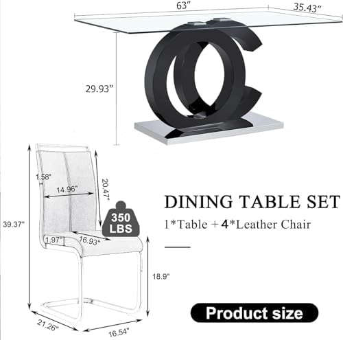 63'' Dining Table Set for 4,Modern Glass Dining Room Table Set for 4,...