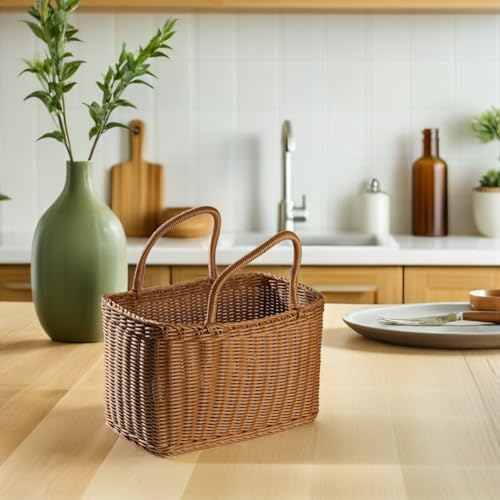 Sewroro Picnic Basket with Handles Handmade Plastic Woven Basket Multifunctio...