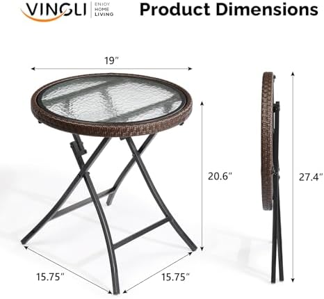 VINGLI 19in Modern Brown Rattan Folding Glass Outdoor Side Table, Small Patio...