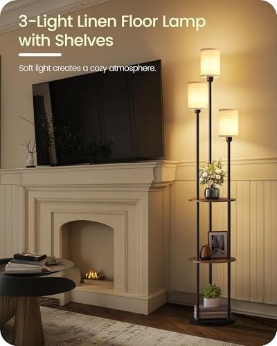 70.9" Floor Lamp with Shelves, Modern Floor Lamp with 3 Linen Shades and...
