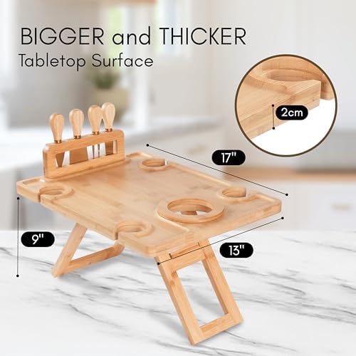 Charcuterie Picnic Table with Wine Glass Holder, Portable Wine & Cheese B...