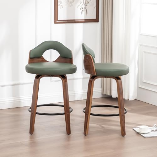 25.2" Swivel Bar Stools Set of 2,Mid Century Modern Faux Leather Barstoo...