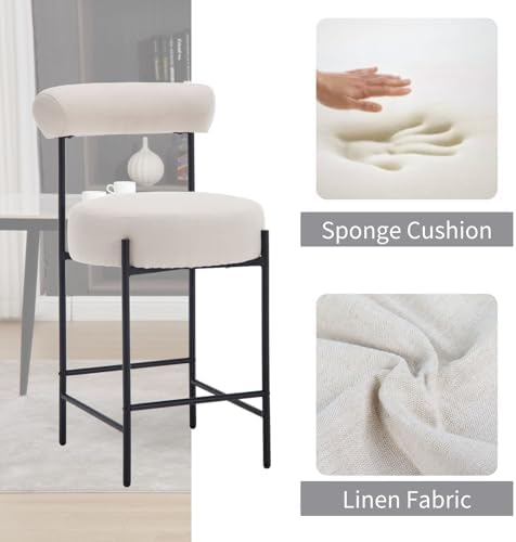 ROCITY Beige Modern Bar Stools Set of 2 Linen Upholstered Counter Stools with...