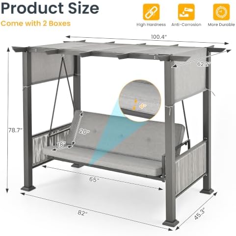 Pamapic 3-Seat Porch Swing with Stand, 990 LBS 2 in 1 Convertible Bed Patio S...