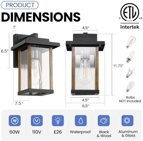2 Pack Outdoor Wall Sconce Outside Porch Light in Wood Grain & Black