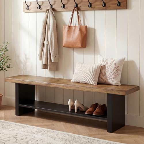 55" Solid Wood Bench with Shoe Storage, 2-Tier Farmhouse Entryway Bench,...