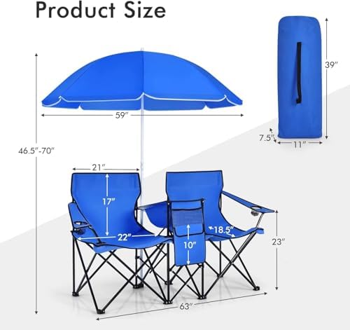 Goplus Double Camping Chair with Umbrella, Folding Loveseat Chairs w/Canopy S...