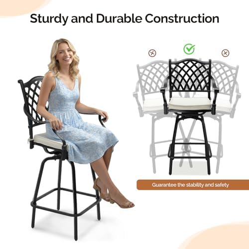 VINGLI Outdoor Swivel Bar Stools Set of 2, Cast Aluminum All-Weather Patio Ba...