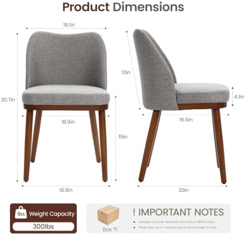 Upholstered Dining Chairs Set of 2, Fabric Wooden Kitchen Chair, Grey
