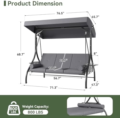 Aoxun Outdoor Porch Swing with Stand and Canopy, 3 Seats Outdoor Swings for A...