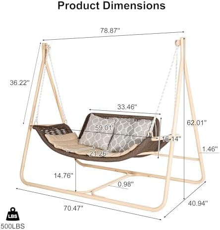 PURPLE LEAF 2-Seat Porch Swing with Stand Hanging Hammock Chair, Grey