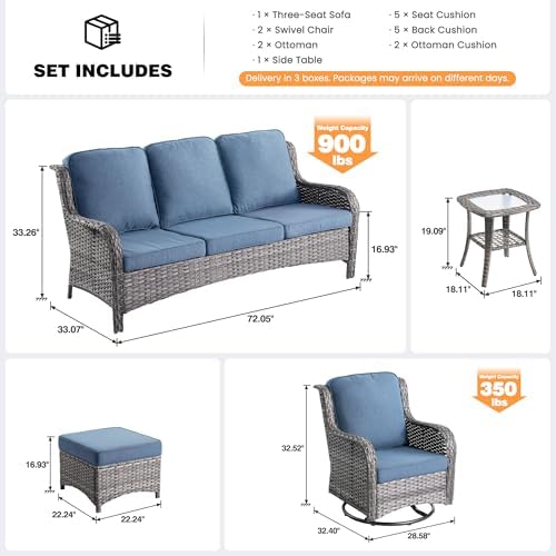 ovios 6-Piece Patio Furniture Set with Swivel Chairs Side Table, Outdoor Wick...