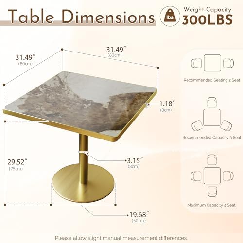 31.5 Inch Square Tulip Table with Thickened Sintered Stone Tabletop & Gol...