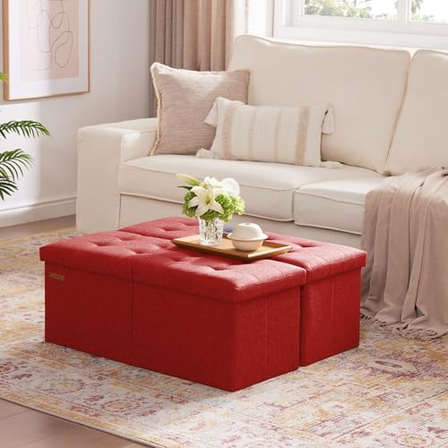 HAUSFRAU Ottoman with Storage Bench Folding Foot Rest Stool Linen Red