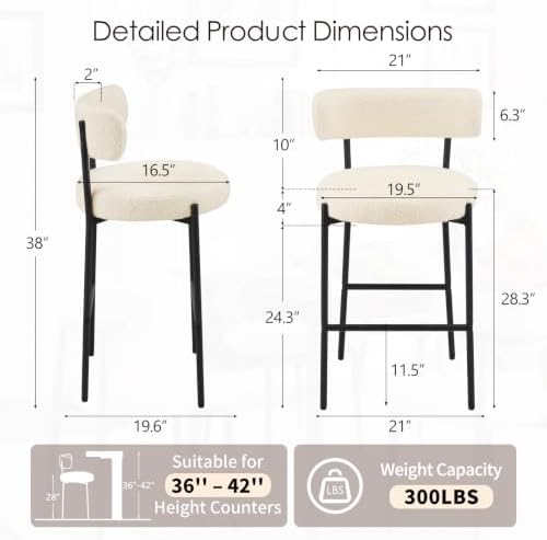 Furniliving 28'' Bar Stools Set of 2, Modern Boucle Counter Height Ba...