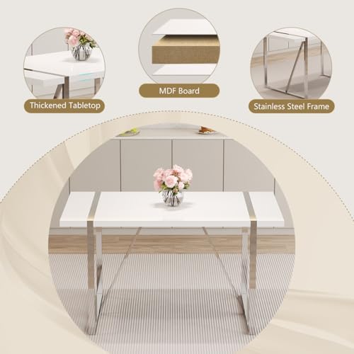 55‘’ White Dining Table Set for 6, Dining Tabletop and Silver Metal Frame, Re...
