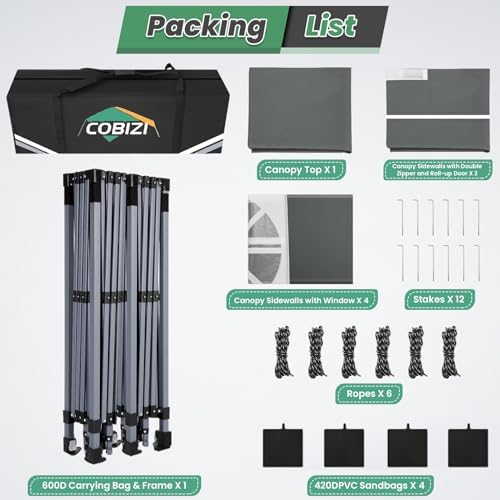COBIZI 10x20 Pop Up Canopy Tent with 6 Removable Sidewalls, Outdoor, Gray