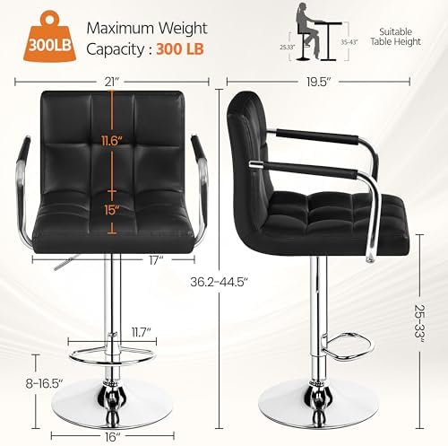Yaheetech Bar Stools Set of 4, Swivel with Backs, Adjustable Height, Black