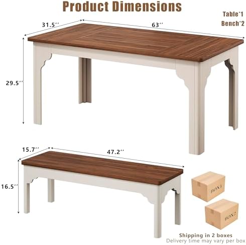 HUAHUU 63" Farmhouse Dining Table Set for 4-6, Kitchen Table with 2 Benc...
