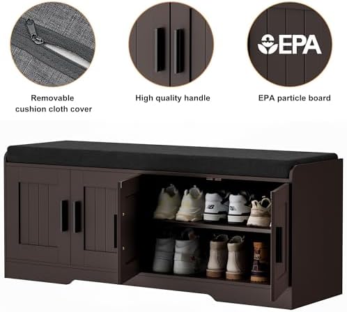 Homleke Shoe Storage Bench, 4 Doors & Thickened Padded Seat Cushion