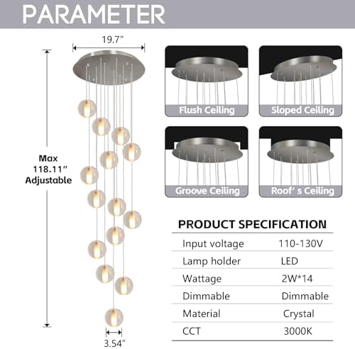 14 Lights Staircase Chandelier for High Ceiling, Dimmable Modern Crystal Rain...