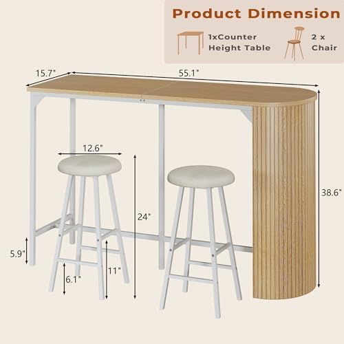 Fluted Bar Table and Chairs Set, 55'' Long Bar Tables with 2 Stools, ...