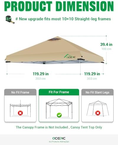 ACEPIC Upgraded 10x10 Canopy Replacement Top with Air Vent(Khaki, Top Only)