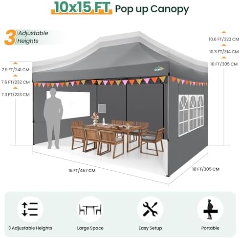 COBIZI 10x15 Heavy Duty Pop Up Canopy Tent with Sidewalls, Easy Up Canopy