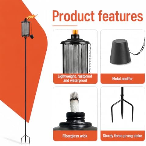 4 Pack Glass Citronella Torches, 16 oz Garden Torches for Outside with 3-Pron...