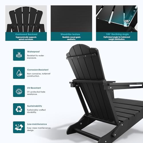 THOEOE Folding Adirondack Chair, HDPE All-Weather Outdoor Chair