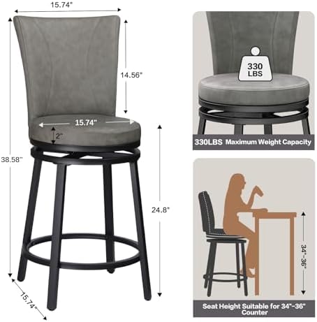 Bar Stools Set of 2, PU Leather Upholstered Swivel Barstool, 24″ Counter Heig...