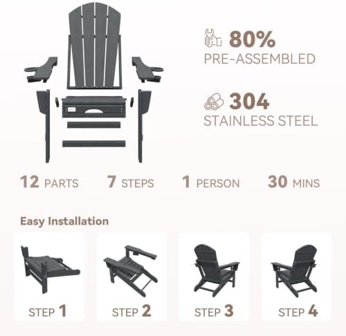 Mdeam HDPE Folding Adirondack Chairs Set of 2, 400 lbs 2 Cup Holders, Grey