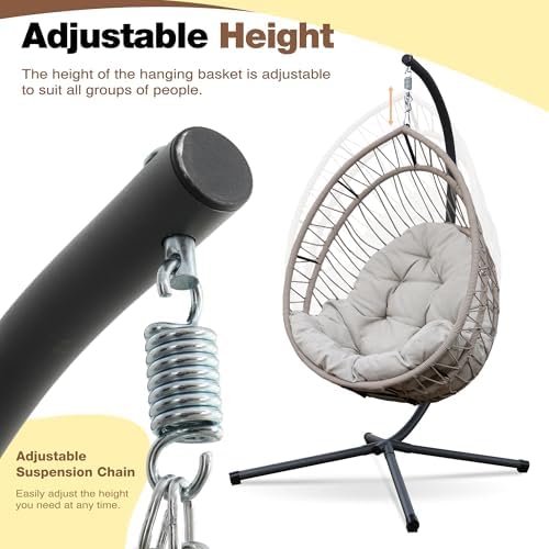 Upgraded Core-Spun Polyester Rope Hanging Egg Chair w/Stand, Foldable Swing S...